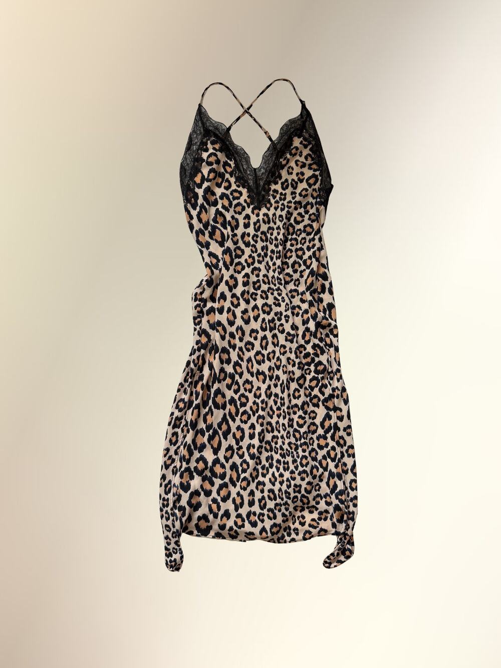 Victoria's Secret Leopard Print Lace Trim Cross Back Satin Slip Dress Sz M